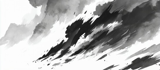 Black and white painting of a stormy sky with dark clouds and a few white clouds. The mood of the painting is intense