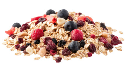 Organic muesli oatmeal wholesome breakfast cereal mix healthy grains nuts seeds nutritious food ingredient bowl isolated on white background