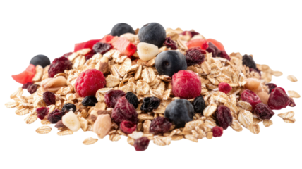 Organic muesli oatmeal wholesome breakfast cereal mix healthy grains nuts seeds nutritious food ingredient bowl isolated on white background