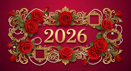 Elegant 2026 New Year Greeting with Red Roses and Gold Ornaments