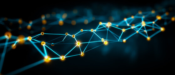 Series of interconnected blue and yellow dots. The dots are arranged in a line, with some of them overlapping