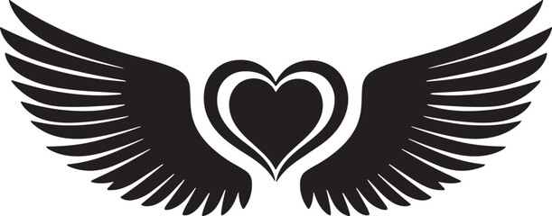 Black silhouette of a heart with angel wings spread wide