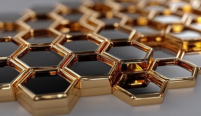 Close up of a gold and black hexagonal pattern. The gold and black colors create a sense of luxury and sophistication