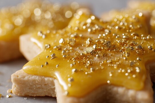 A close-up of a Christmas star cookie with golden yellow icing and edible gold dust, sparkling in the light 