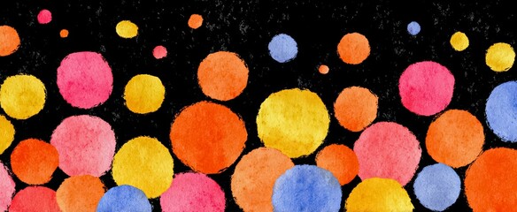 Colorful painting of many small circles in various colors. The circles are all different sizes