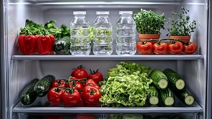 Fresh colorful vegetables and water bottles neatly organized inside a modern refrigerator promoting a healthy lifestyle and clean eating.