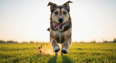 Energetic Mixed Breed Dog Running Through Grass Field at Sunset for National Mutt Day
