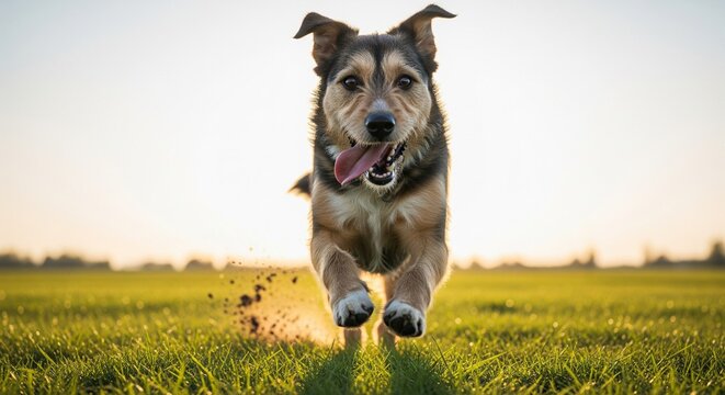Energetic Mixed Breed Dog Running Through Grass Field at Sunset for National Mutt Day