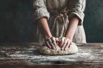Woman kneading dough on wooden surface, linen dress, quiet ritual atmosphere, handmade bread preparation, deep focus on traditional baking process