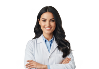 Professional woman in white lab coat smiling confidently with arms crossed isolated on transparent background