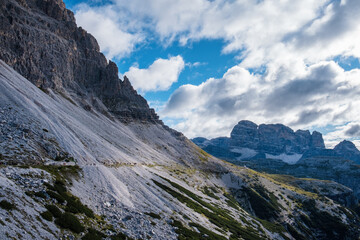 Nature landscape around the Tre Cime di Lavaredo (Three Peaks), Tre Cime Natural Park, Southern Dolomites, Italy. Rifugio Auronzo &ndash; Rifugio Lavaredo &ndash; Rifugio Locatelli &ndash; return via Pian di Cengia.
