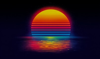 Colorful, pixelated sun is reflected in the water. The image has a retro, nostalgic feel to it