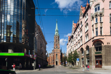 Naklejka premium Riga Old Town view, Latvia, streets of Vecriga historical center with Town Hall square, House Of The Black Heads, Cathedral and church, travel to Latvia and Baltic States, summer day with a blue sky