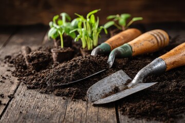 Cultivating Soil: A Backdrop of Gardening Tools and Seedlings for a Lush Garden