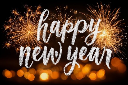 Beautiful display of fireworks with the words "Happy New Year" written in cursive