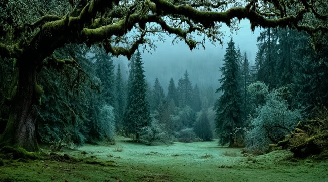 Forest with a large tree in the middle. The trees are green and the sky is cloudy