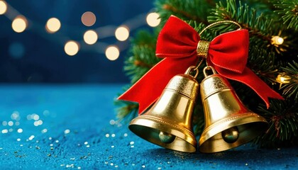 Golden bells adorned with a vibrant red bow are nestled among lush green pine branches, creating a festive atmosphere with sparkling lights in the background