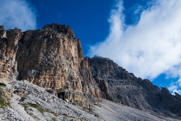 Nature landscape around the Tre Cime di Lavaredo (Three Peaks), Tre Cime Natural Park, Southern Dolomites, Italy. Rifugio Auronzo &ndash; Rifugio Lavaredo &ndash; Rifugio Locatelli &ndash; return via Pian di Cengia.