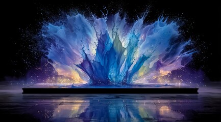 Large splash of blue paint is splashing out of a canvas. The splash is so large that it covers the entire canvas
