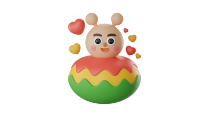 Cute 3D cartoon character with a smiling face, antennae, and colorful roly-poly body, surrounded by floating hearts. background removed