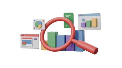 3D rendering with a red magnifying glass over colorful bar charts and web interfaces, symbolizing data analysis, market research, and business insights. background removed