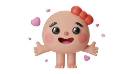 Adorable 3D character with a red bow and rosy cheeks, extending arms for a hug, surrounded by floating pink hearts. background removed