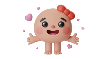 Adorable 3D character with a red bow and rosy cheeks, extending arms for a hug, surrounded by floating pink hearts. background removed