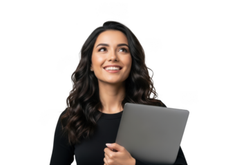 Smiling professional woman with dark curly hair holding a closed laptop looking upwards with a hopeful expression isolated on transparent background