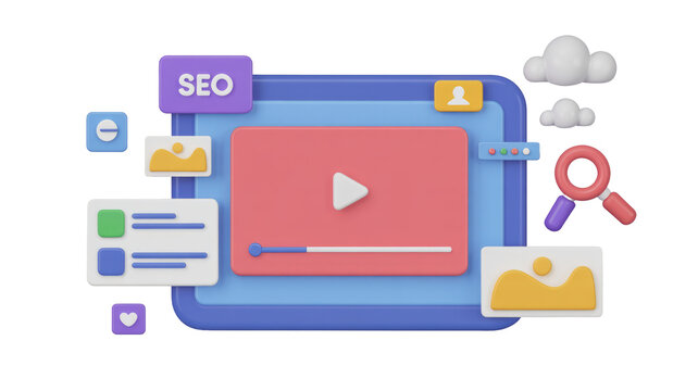 A vibrant 3D rendering illustrates video content optimization, SEO strategies, and digital marketing elements like search, cloud, and engagement. background removed