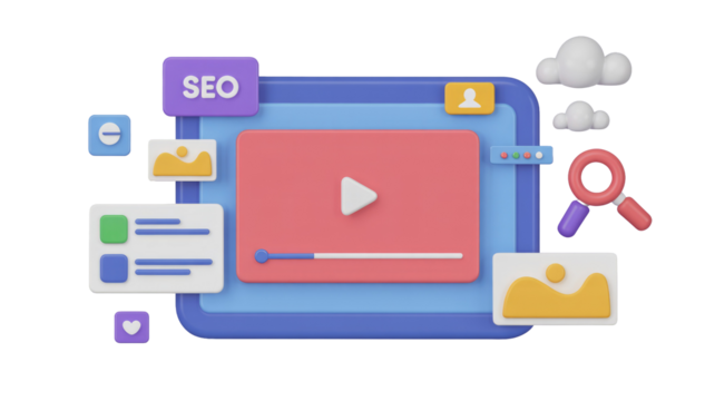 A vibrant 3D rendering illustrates video content optimization, SEO strategies, and digital marketing elements like search, cloud, and engagement. background removed