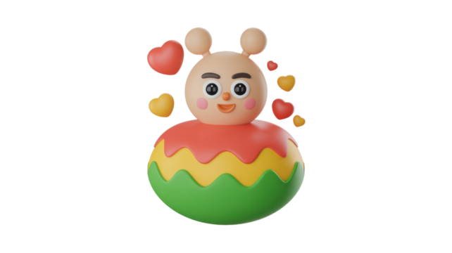 Cute 3D cartoon character with a smiling face, antennae, and colorful roly-poly body, surrounded by floating hearts. background removed