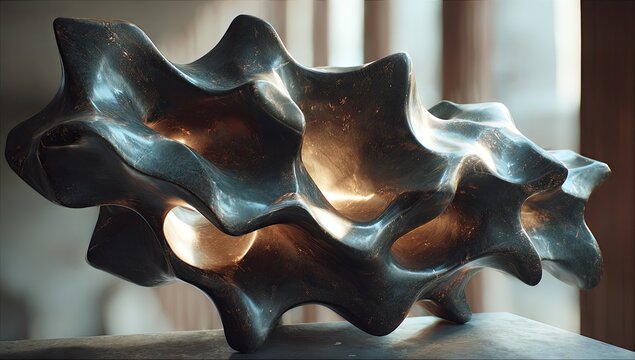 Large, abstract sculpture made of metal. The sculpture is made up of many different shapes and sizes
