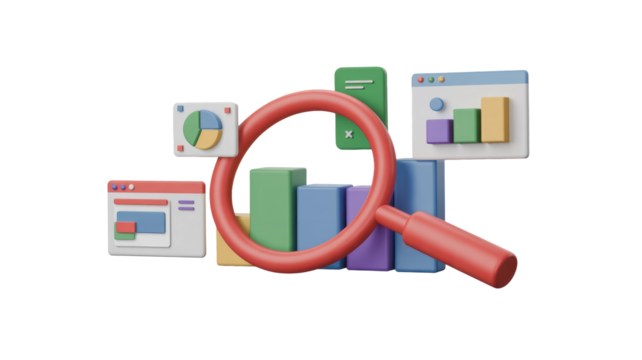 3D rendering with a red magnifying glass over colorful bar charts and web interfaces, symbolizing data analysis, market research, and business insights. background removed