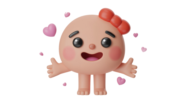 Adorable 3D character with a red bow and rosy cheeks, extending arms for a hug, surrounded by floating pink hearts. background removed - Powered by Adobe
