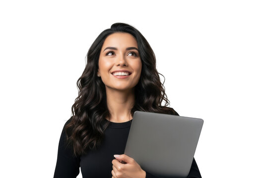 Smiling professional woman with dark curly hair holding a closed laptop looking upwards with a hopeful expression isolated on transparent background