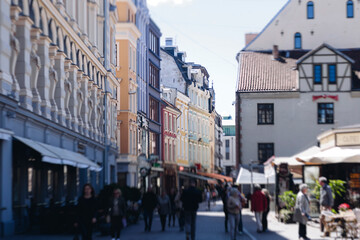 Riga Old Town view, Latvia, streets of  Vecriga historical center with Town Hall square, House Of The Black Heads, Cathedral and church, travel to Latvia and Baltic States, summer day with a blue sky