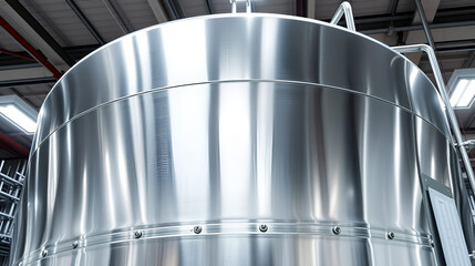 A large stainless steel tank with a polished, mirror-like finish reflecting bright industrial lights in a modern factory setting, emphasizing cleanliness and precision
