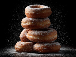Donuts stacked into a festive tree shape with powdered sugar falling like a snow