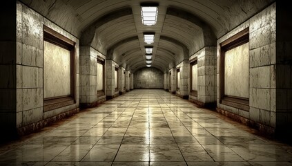 Long, empty subway tunnel with a few light fixtures. The tunnel is very dark and empty