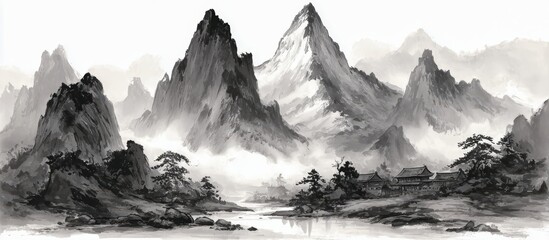 Mountain range with a river running through it and a small village in the distance. The scene is serene and peaceful