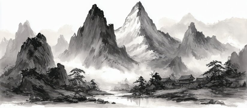 Mountain range with a river running through it and a small village in the distance. The scene is serene and peaceful