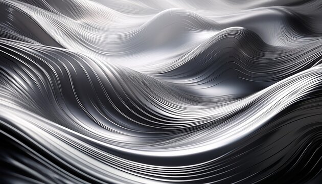 elegant metallic silver waves with smooth reflections creating a mesmerizing texture with light rays and a modern aesthetic