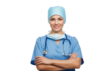 Smiling female medical professional wearing scrubs surgical cap and stethoscope arms crossed isolated on transparent background