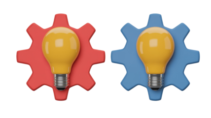 A red gear and a blue gear, both centered with bright yellow lightbulbs, representing collaboration, innovation, and creative thought. background removed