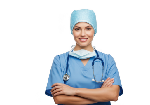 Smiling female medical professional wearing scrubs surgical cap and stethoscope arms crossed isolated on transparent background