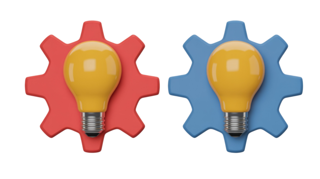A red gear and a blue gear, both centered with bright yellow lightbulbs, representing collaboration, innovation, and creative thought. background removed - Powered by Adobe