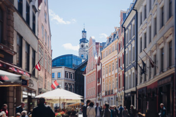 Fototapeta premium Riga Old Town view, Latvia, streets of Vecriga historical center with Town Hall square, House Of The Black Heads, Cathedral and church, travel to Latvia and Baltic States, summer day with a blue sky