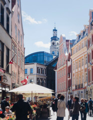 Fototapeta premium Riga Old Town view, Latvia, streets of Vecriga historical center with Town Hall square, House Of The Black Heads, Cathedral and church, travel to Latvia and Baltic States, summer day with a blue sky