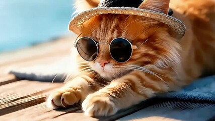 Sunny Siesta: Ginger Cat in Straw Hat and Sunglasses