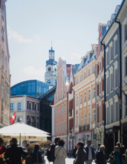 Riga Old Town view, Latvia, streets of  Vecriga historical center with Town Hall square, House Of The Black Heads, Cathedral and church, travel to Latvia and Baltic States, summer day with a blue sky